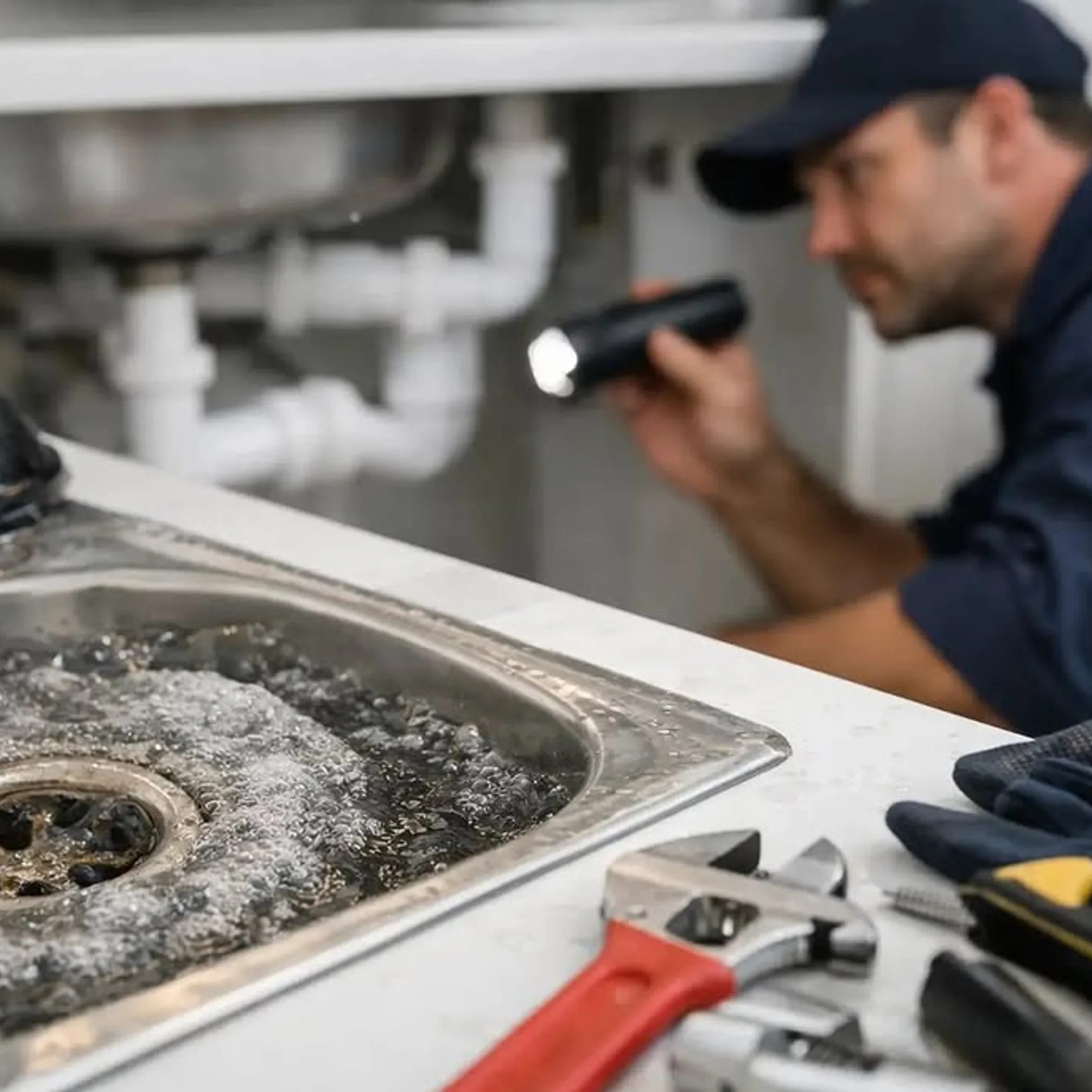 drainage professional inspecting blocked sink